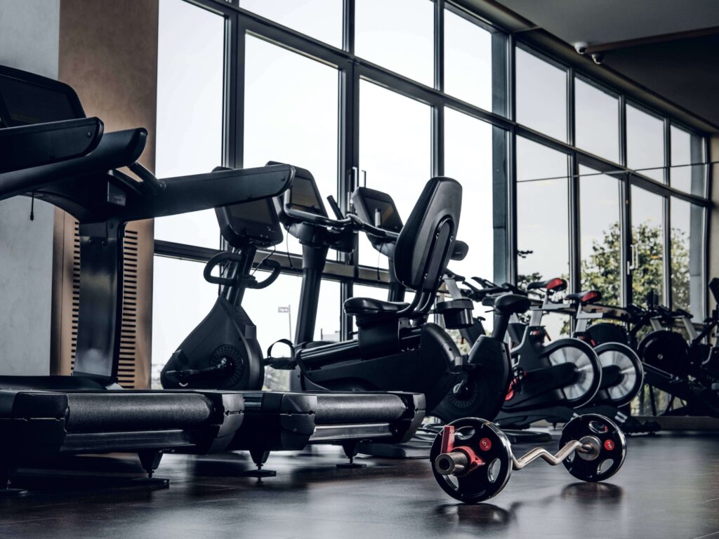 High end gym equipment by window