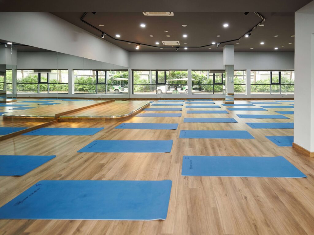 Yoga mats on floor in a yoga studio
