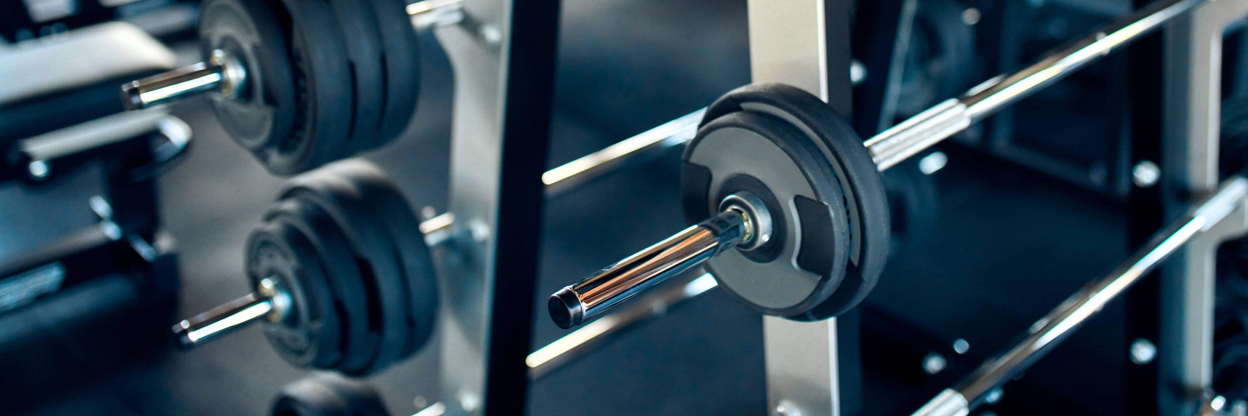 Workout weights on bar sitting on rack
